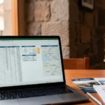 An independent traveler reviewing transit invoices and calculating their Machu Picchu budget on a laptop in a Cusco café.