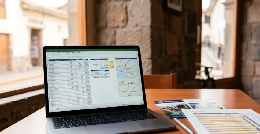 An independent traveler reviewing transit invoices and calculating their Machu Picchu budget on a laptop in a Cusco café.
