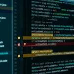 A high-contrast macro close-up of a monitor showing highlighted syntax error indicators inside a dense legacy script architecture.