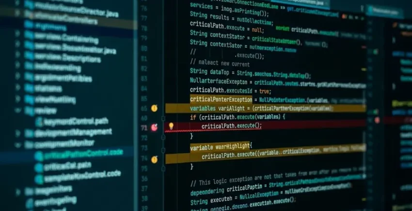 A high-contrast macro close-up of a monitor showing highlighted syntax error indicators inside a dense legacy script architecture.