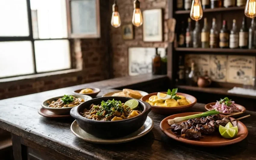 A display of traditional small plates showing the hidden flavors of Lima inside an old tavern.