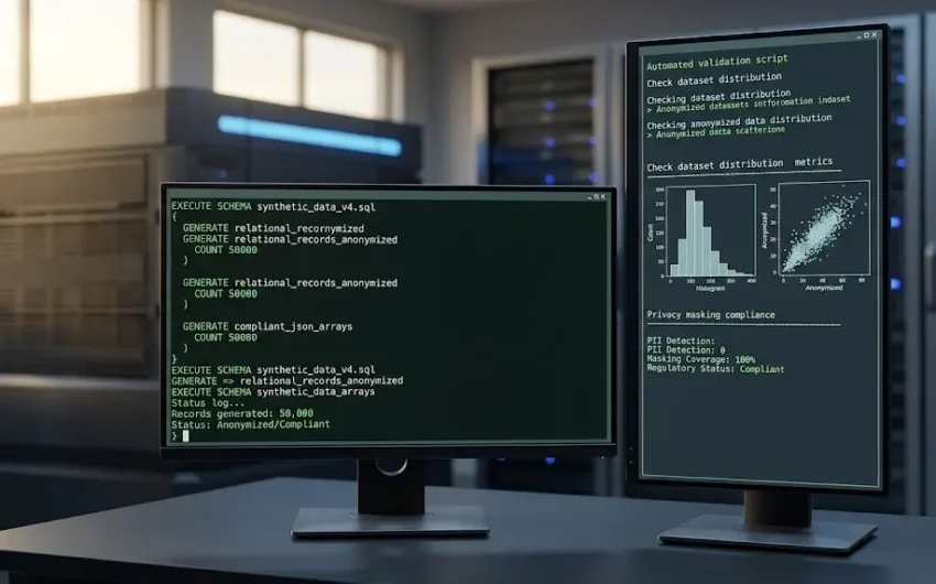 An isolated staging database running synthetic data automation scripts to generate compliant mock database tables.