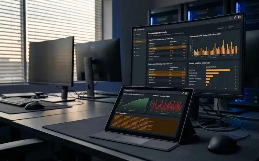 Operational analysis console contrasting Copilot productivity vs time wasting parameters.