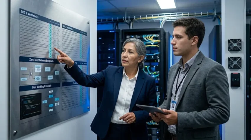 Engineering compliance officer evaluating QA outsourcing security steps and zero-trust access frameworks.