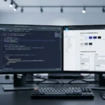 A developer workstation displaying API facade code and modern design systems bridging legacy software databases.