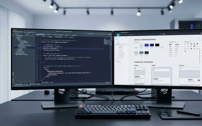 A developer workstation displaying API facade code and modern design systems bridging legacy software databases.