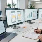Several screens on a desk showing abstract dashboards and test results from different AI testing tools being compared by a QA team