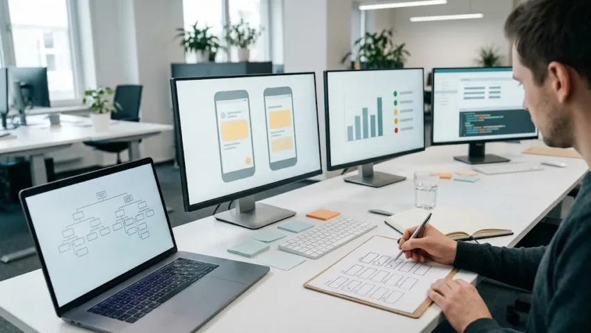 Several screens on a desk showing abstract dashboards and test results from different AI testing tools being compared by a QA team
