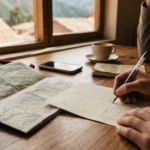 A traveler marks a checklist of permits, price inclusions and group size next to a trail map while comparing Machu Picchu trekking agency red flags