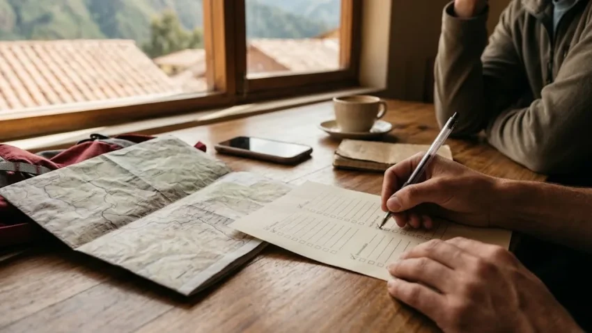 A traveler marks a checklist of permits, price inclusions and group size next to a trail map while comparing Machu Picchu trekking agency red flags