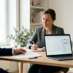 Business owner meeting a Power Pages consultant at a conference table, reviewing a short project brief and a laptop showing a portal wireframe