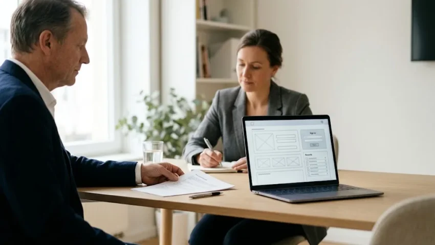 Business owner meeting a Power Pages consultant at a conference table, reviewing a short project brief and a laptop showing a portal wireframe